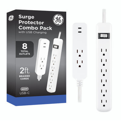 GE 6-Outlet Surge Protector and 2-Outlet Surge Protector with 2 USB-C, 2ft and 245J, White, Combo Pack