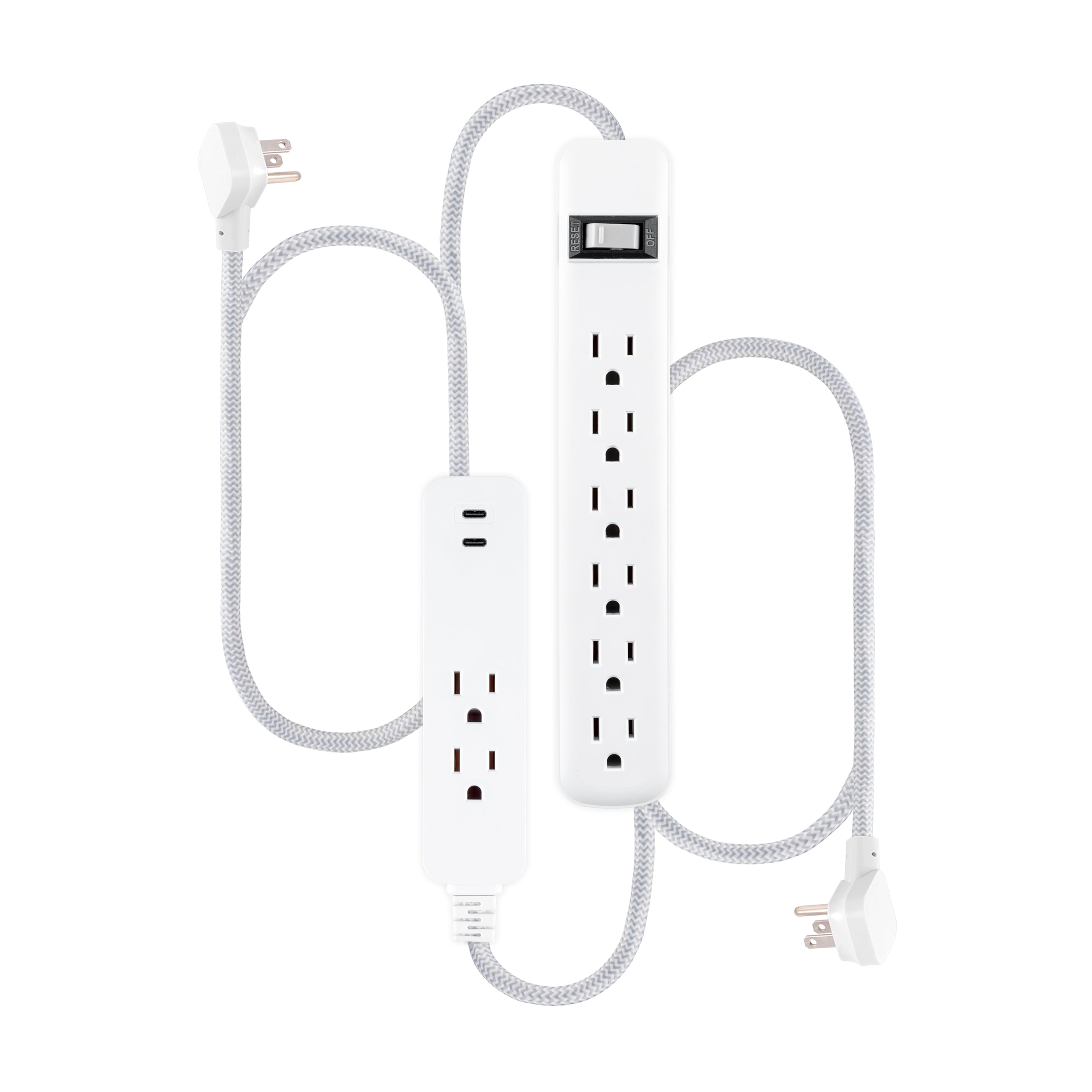 GE-branded 6-Outlet Surge Protector and 2-Outlet Surge Protector with 2 USB-C, 2ft and 245J, White, Combo Pack