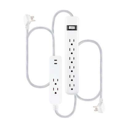 GE-branded 6-Outlet Surge Protector and 2-Outlet Surge Protector with 2 USB-C, 2ft and 245J, White, Combo Pack