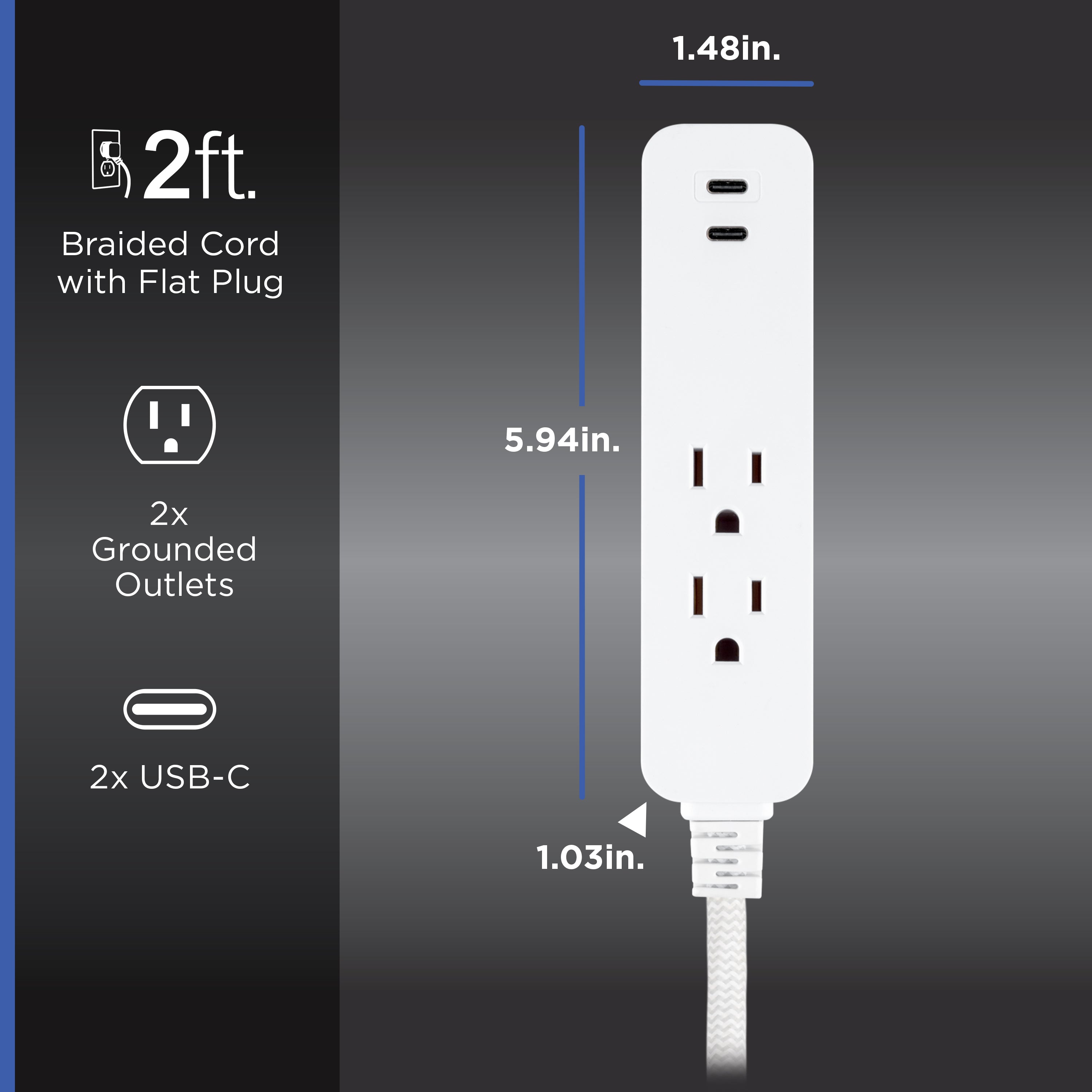 GE-branded 6-Outlet Surge Protector and 2-Outlet Surge Protector with 2 USB-C, 2ft and 245J, White, Combo Pack
