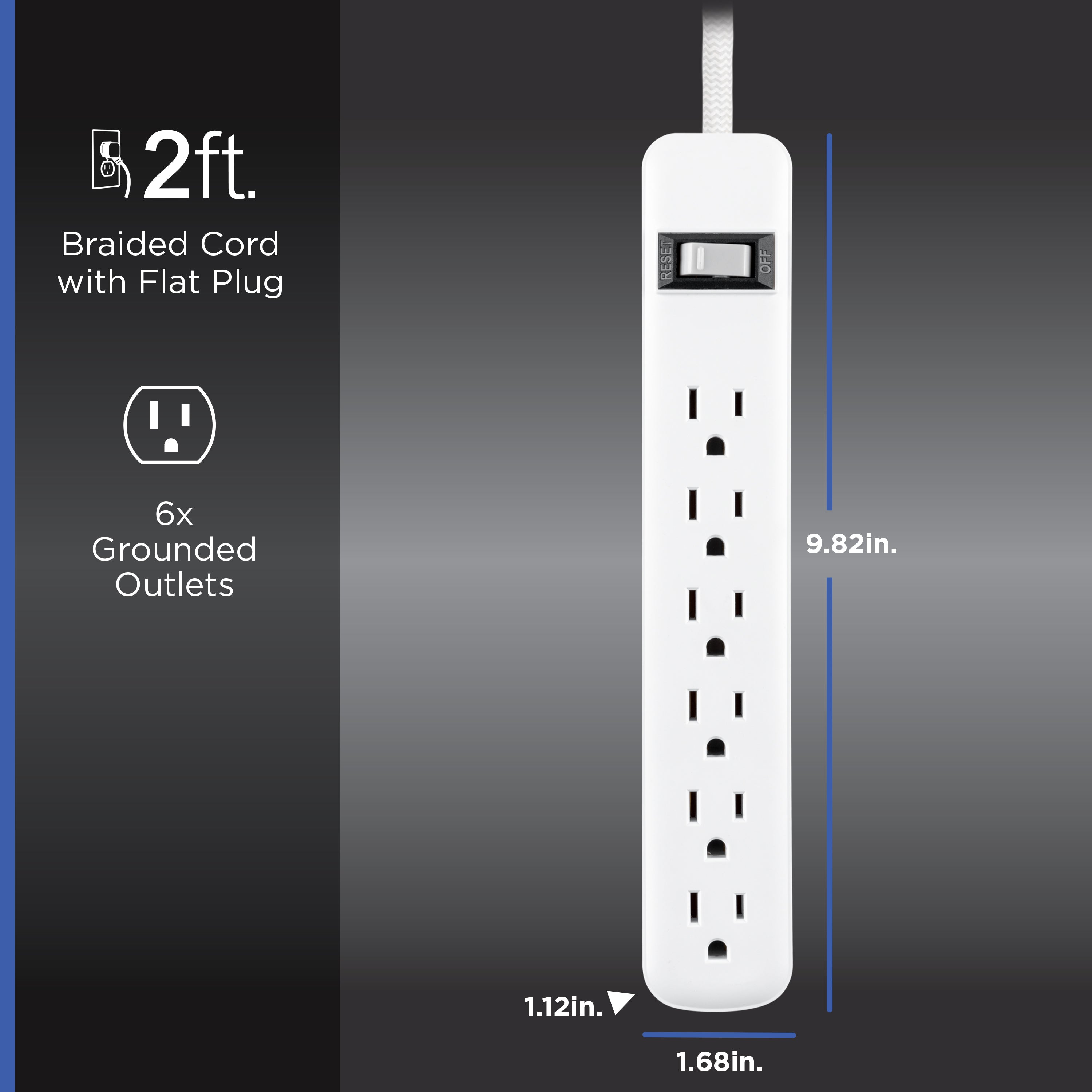 GE-branded 6-Outlet Surge Protector and 2-Outlet Surge Protector with 2 USB-C, 2ft and 245J, White, Combo Pack