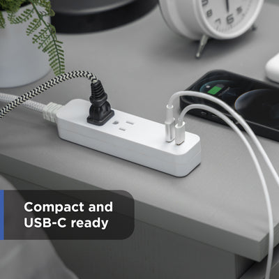 GE 6-Outlet Surge Protector and 2-Outlet Surge Protector with 2 USB-C, 2ft and 245J, White, Combo Pack