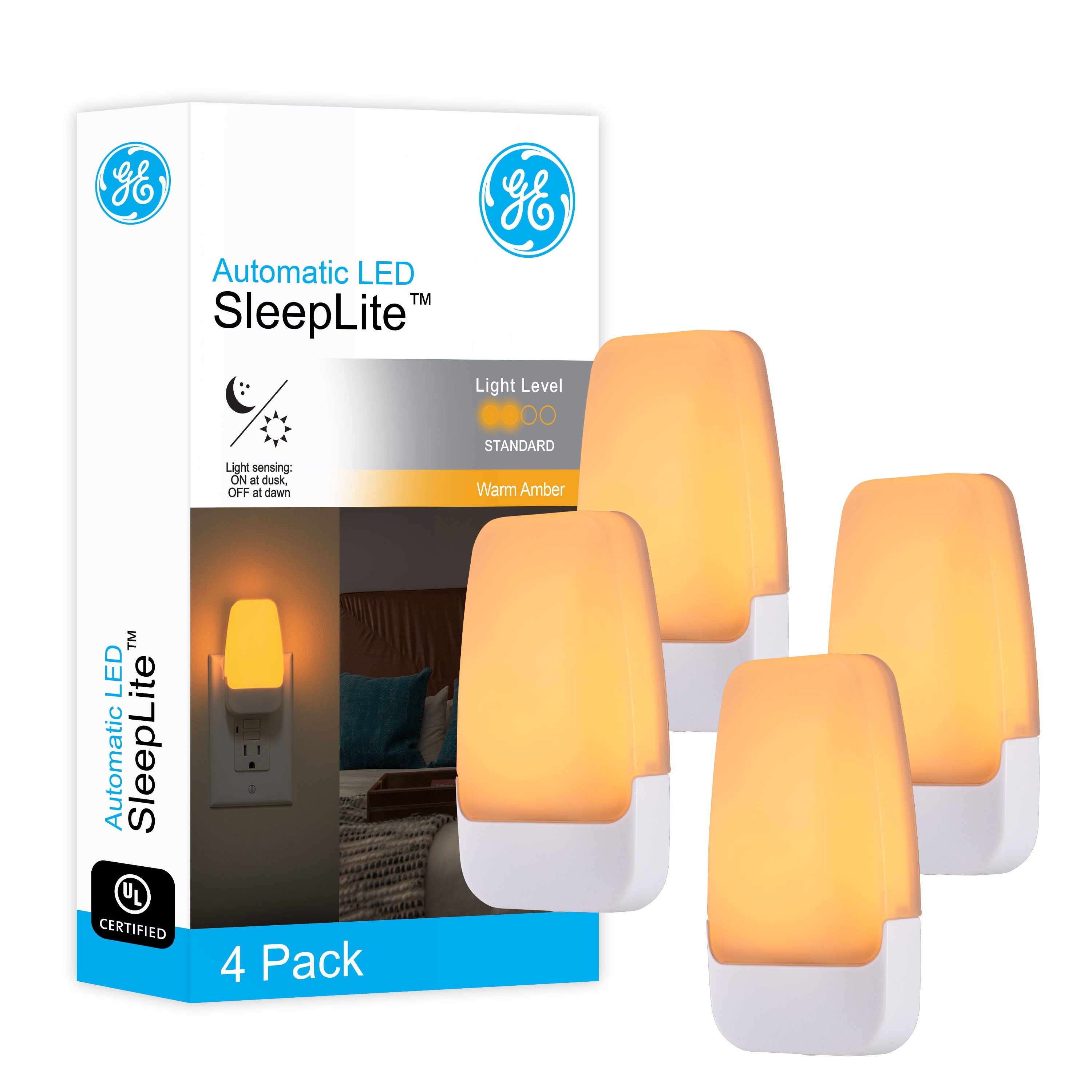 GE Light Sensing LED Night Light, 4 Pack, Amber