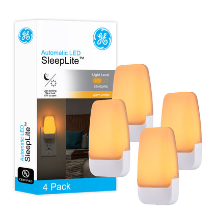 GE Light Sensing LED Night Light, 4 Pack, Amber