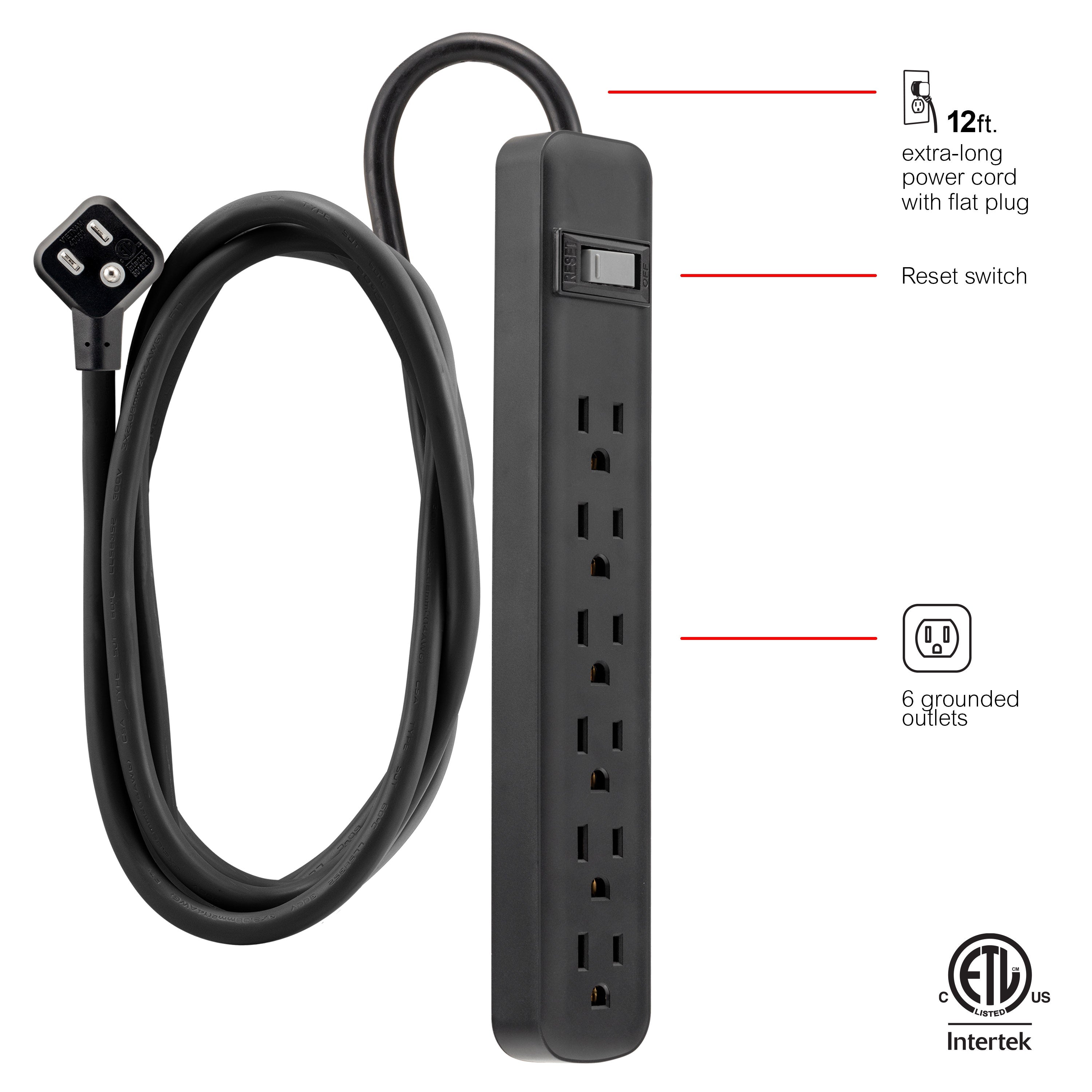 GE 6-Outlet 12ft. Power Strip, Black