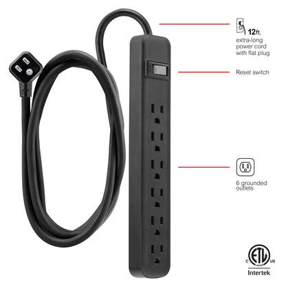 GE 6-Outlet 12ft. Power Strip, Black
