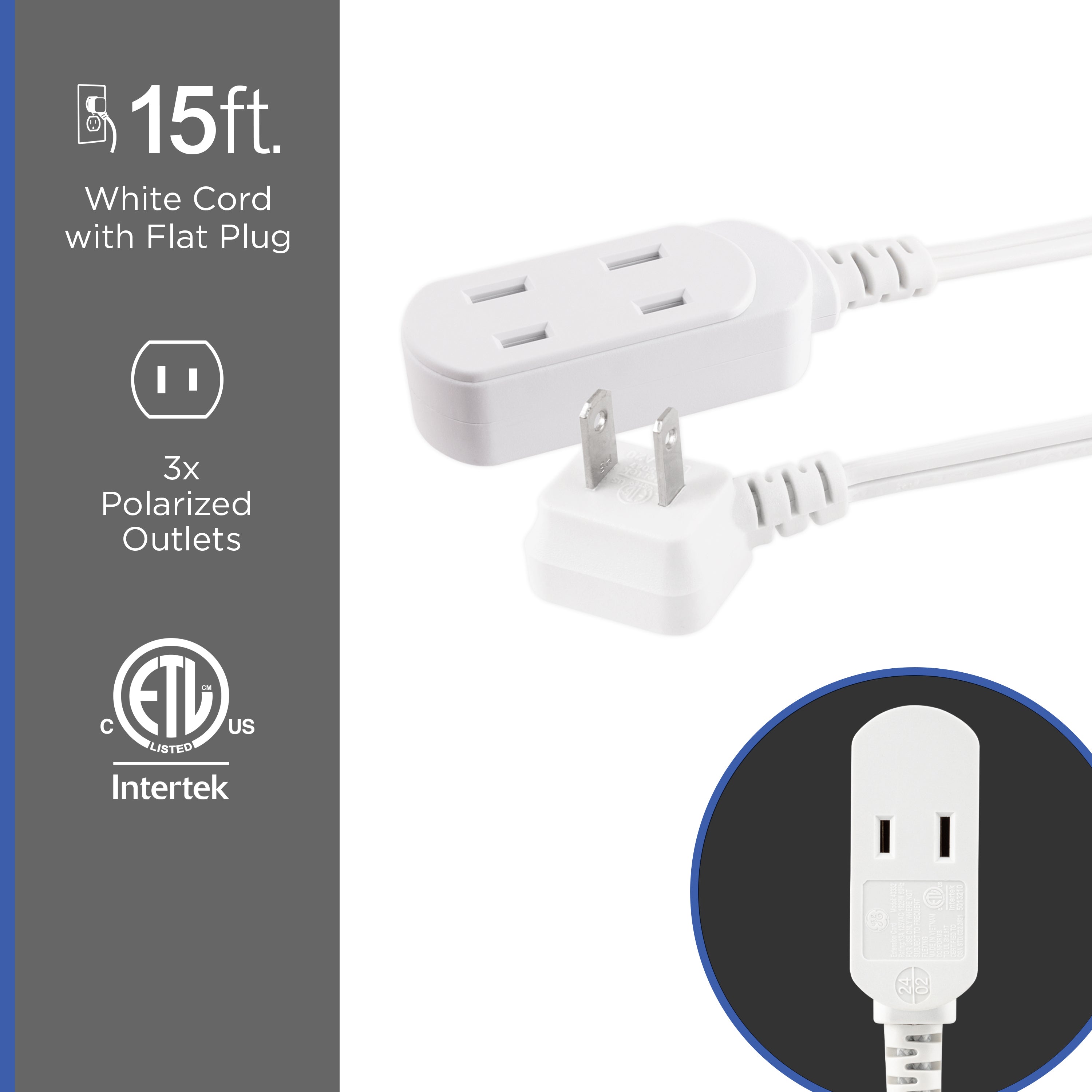 GE-branded UltraPro 3-Outlet Polarized Extension Cord, 15ft., Indoor, White