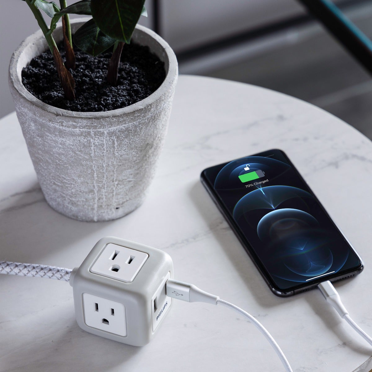 Philips 3-Outlet 2-USB 10ft. Extension Cord with Rubberized Cube, Gray/White