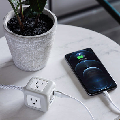 Philips 3-Outlet 2-USB 10ft. Extension Cord with Rubberized Cube, Gray/White