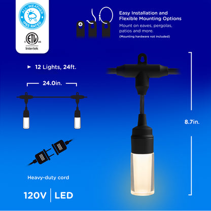 Enbrighten Modern Outdoor String Lights, 24ft, 12 Cylindrical Shatterproof Bulbs, Cool White