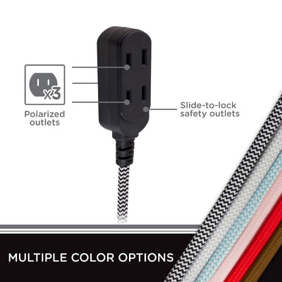 Cordinate 3-Outlet 8ft. Braided Extension Cord with Flat Plug, Black/White