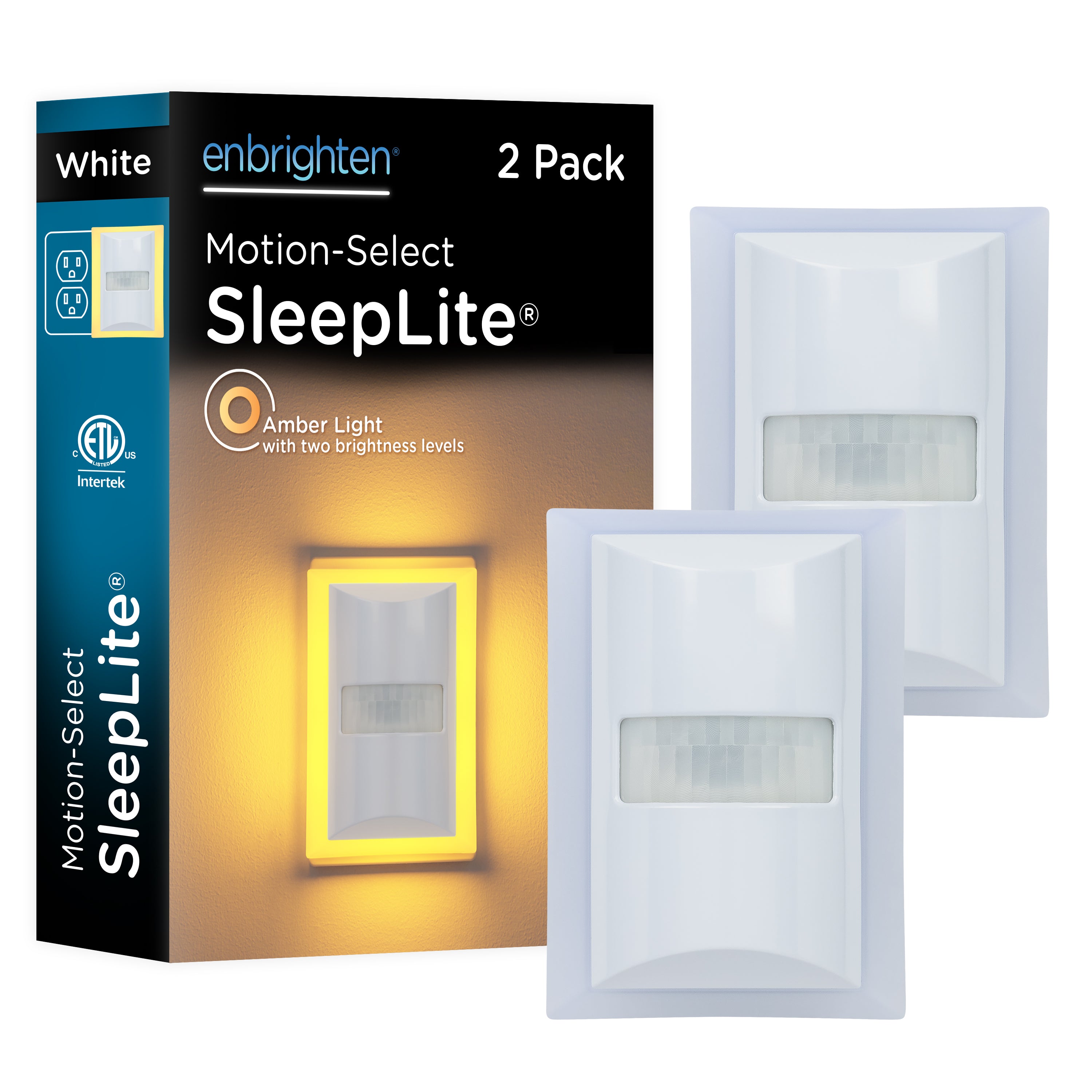 Enbrighten SleepLite Night Light, Motion Select, Motion-Boost, Amber LED, Coverlite, Backlit, White, 2 Pack