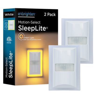 Enbrighten SleepLite Night Light, Motion Select, Motion-Boost, Amber LED, Coverlite, Backlit, White, 2 Pack