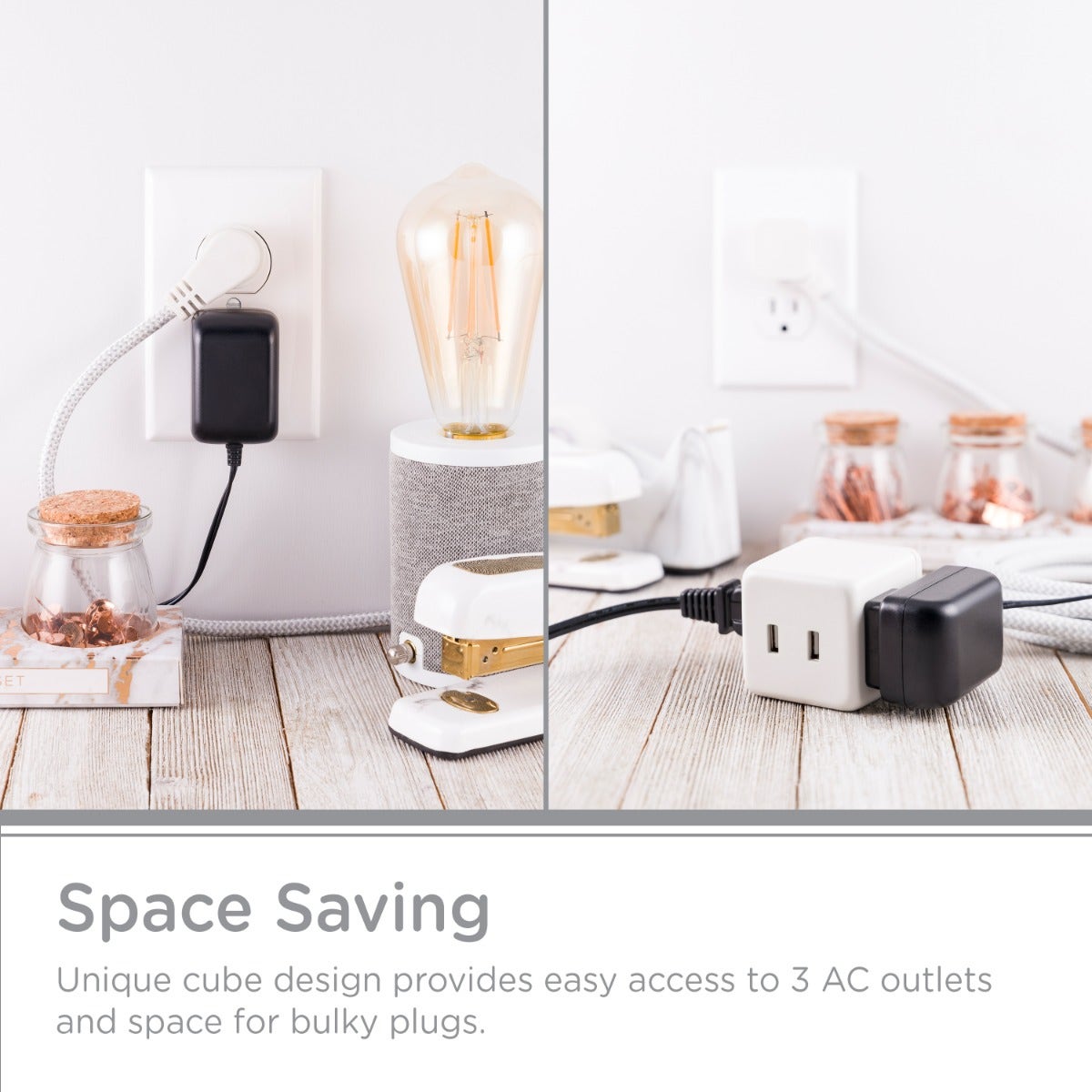 Cordinate 3-Outlet 2-USB 5ft. Braided Extension Cord Cube, White