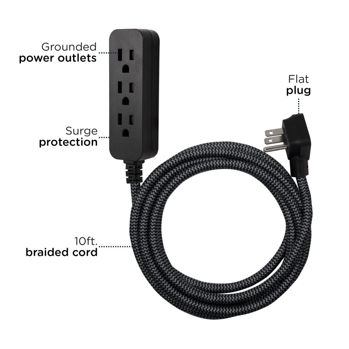 Cordinate 3-Outlet 10ft. Braided Extension Cord with Surge Protection, Black/Gray