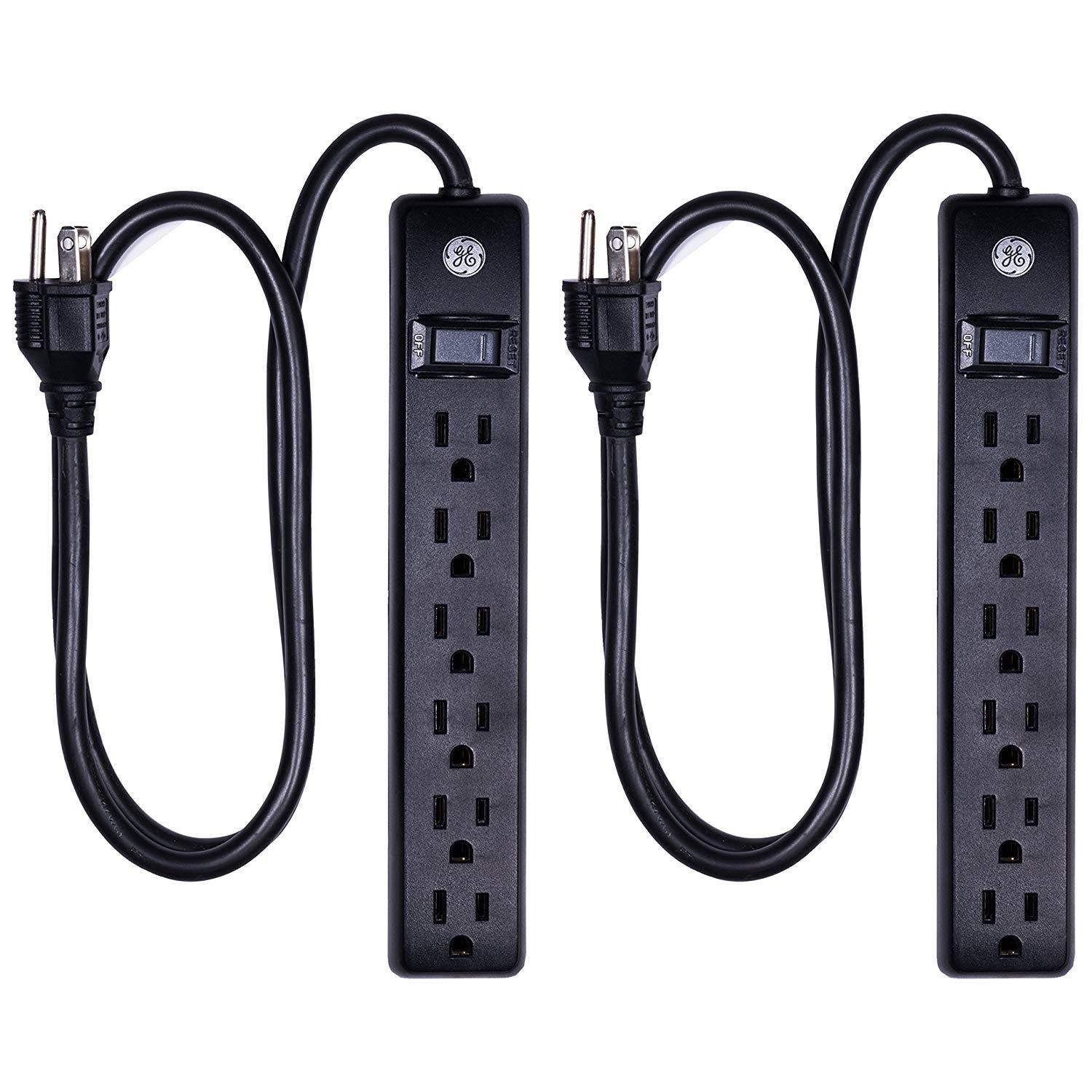 GE 6-Outlet 3ft. Surge Protector, 2 Pack, Black