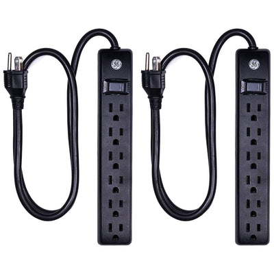 GE 6-Outlet 3ft. Surge Protector, 2 Pack, Black