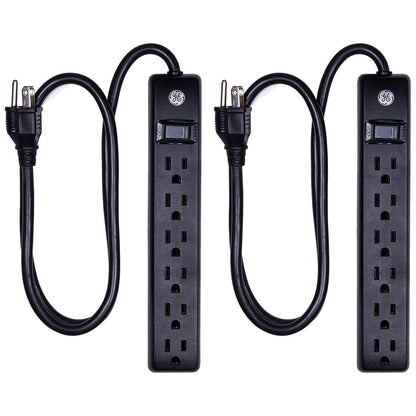 GE 6-Outlet 3ft. Surge Protector, 2 Pack, Black