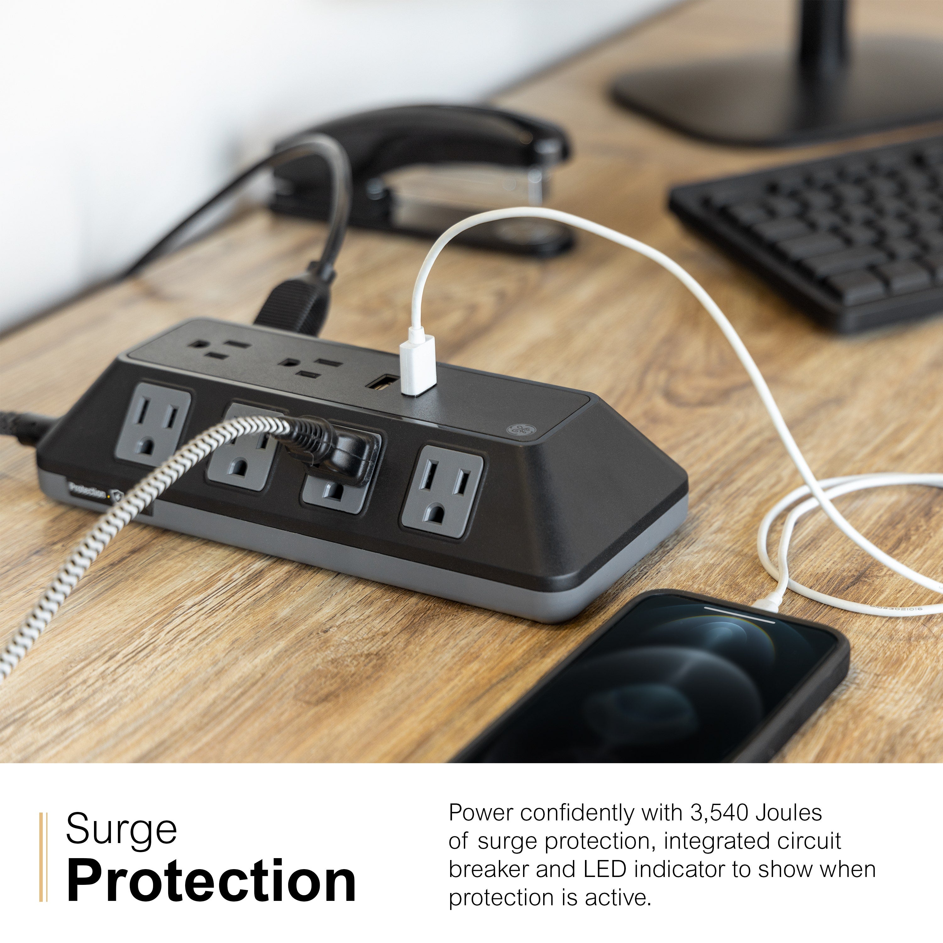 GE 10-Outlet 2-USB 4ft. Surge Protector with Adapter-Spaced Outlets, Black
