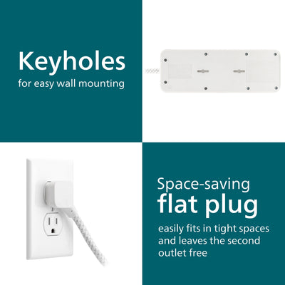 Philips 7-Outlet 6ft. 1 USB-A 1 USB-C Surge Protector With Adapter-Spaced Outlets, White