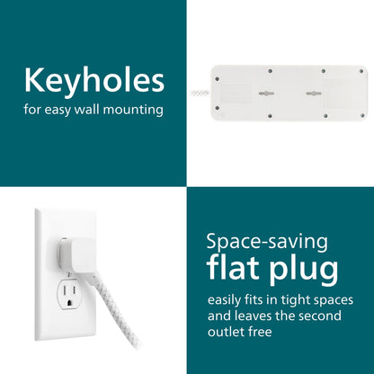 Philips 7-Outlet 6ft. 1 USB-A 1 USB-C Surge Protector With Adapter-Spaced Outlets, White