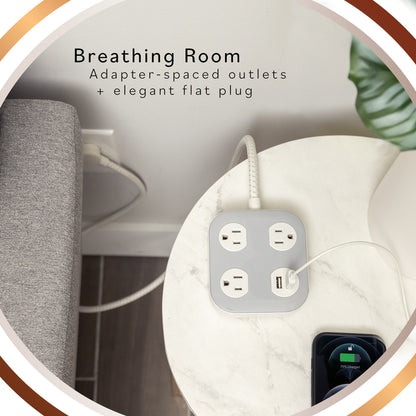 Cordinate ADAPT 3-Outlet, 2-USB 4ft. Braided Extension Cord, Cream/Gray