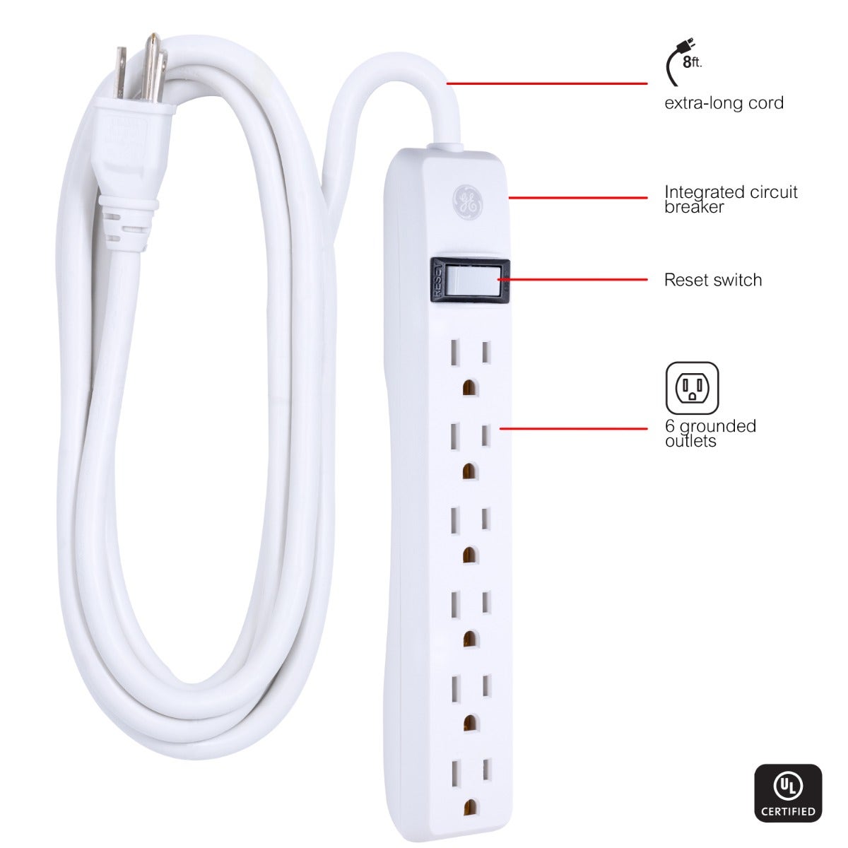 GE 6-Outlet Power Strip 8ft, White