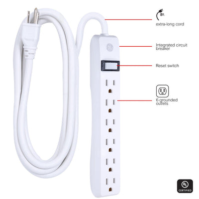 GE 6-Outlet Power Strip 8ft, White