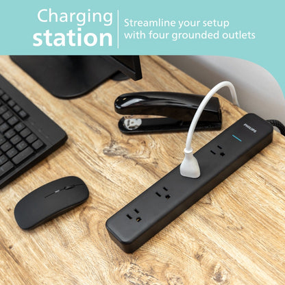Philips 4-Outlet 4ft. Surge Protector with Adapter-Spaced Outlets, Black