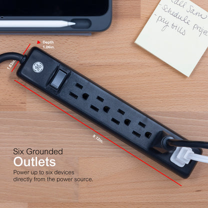 GE 6-Outlet 2ft. Power Strip, 2 Pack, Black