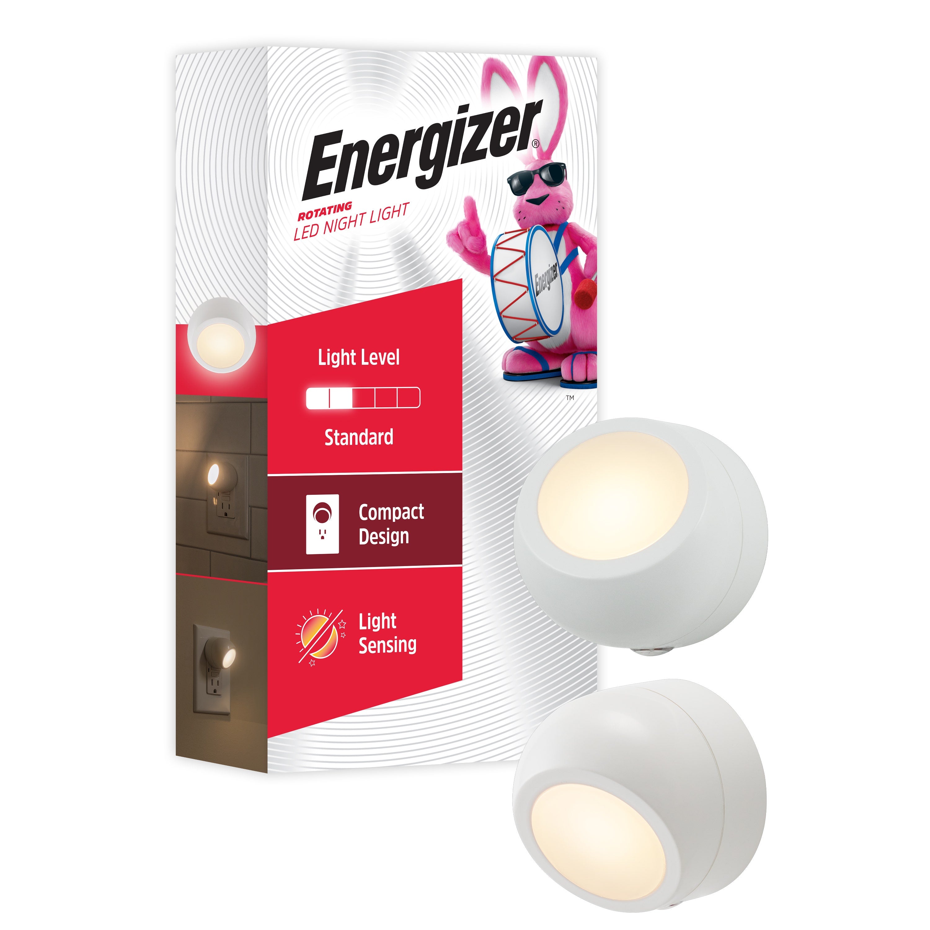 Energizer Plug-In Rotating Light Sensing LED Night Light, 2 Pack, White