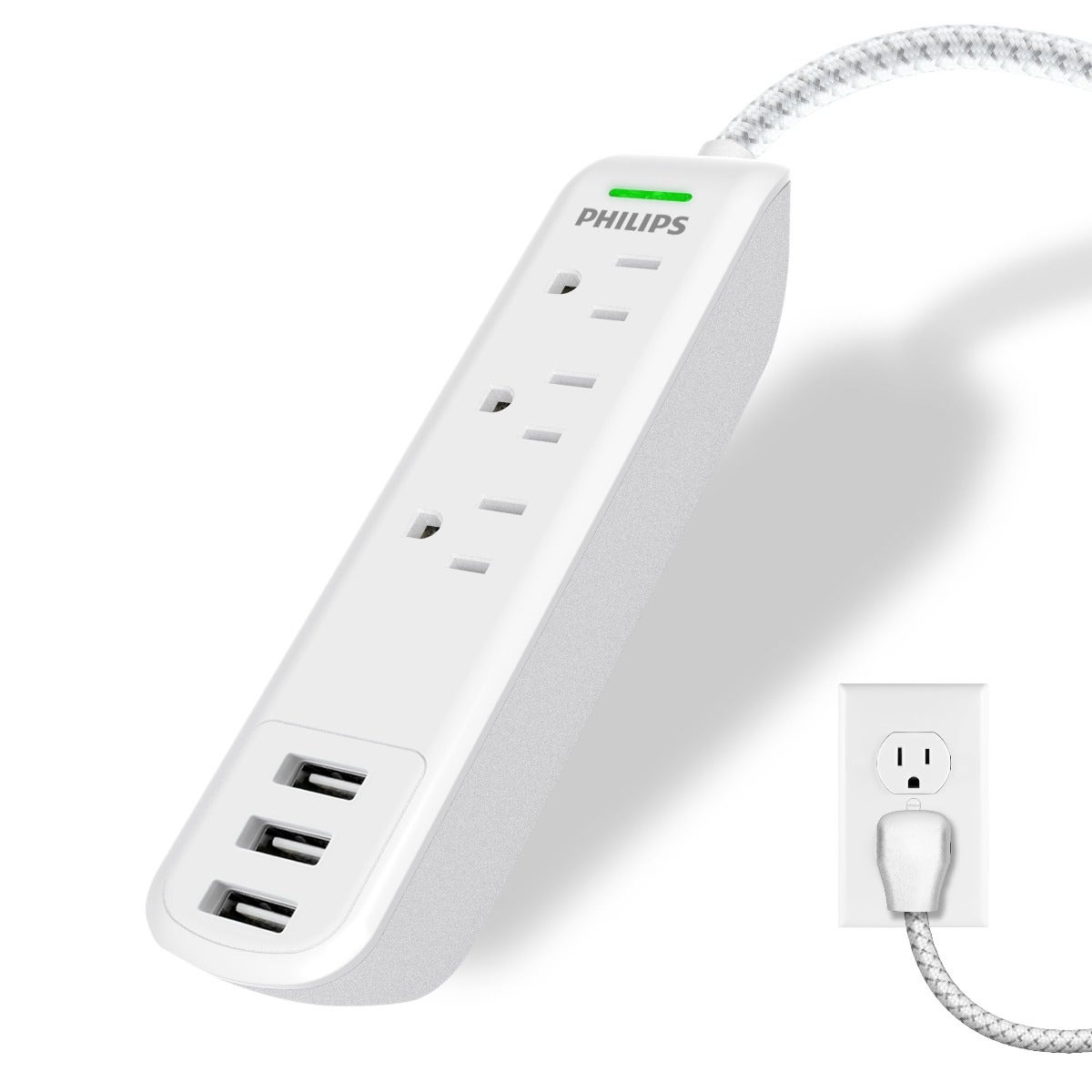 Philips 3-Outlet 3-USB 6ft. Surge Protector with Braided Cord, White