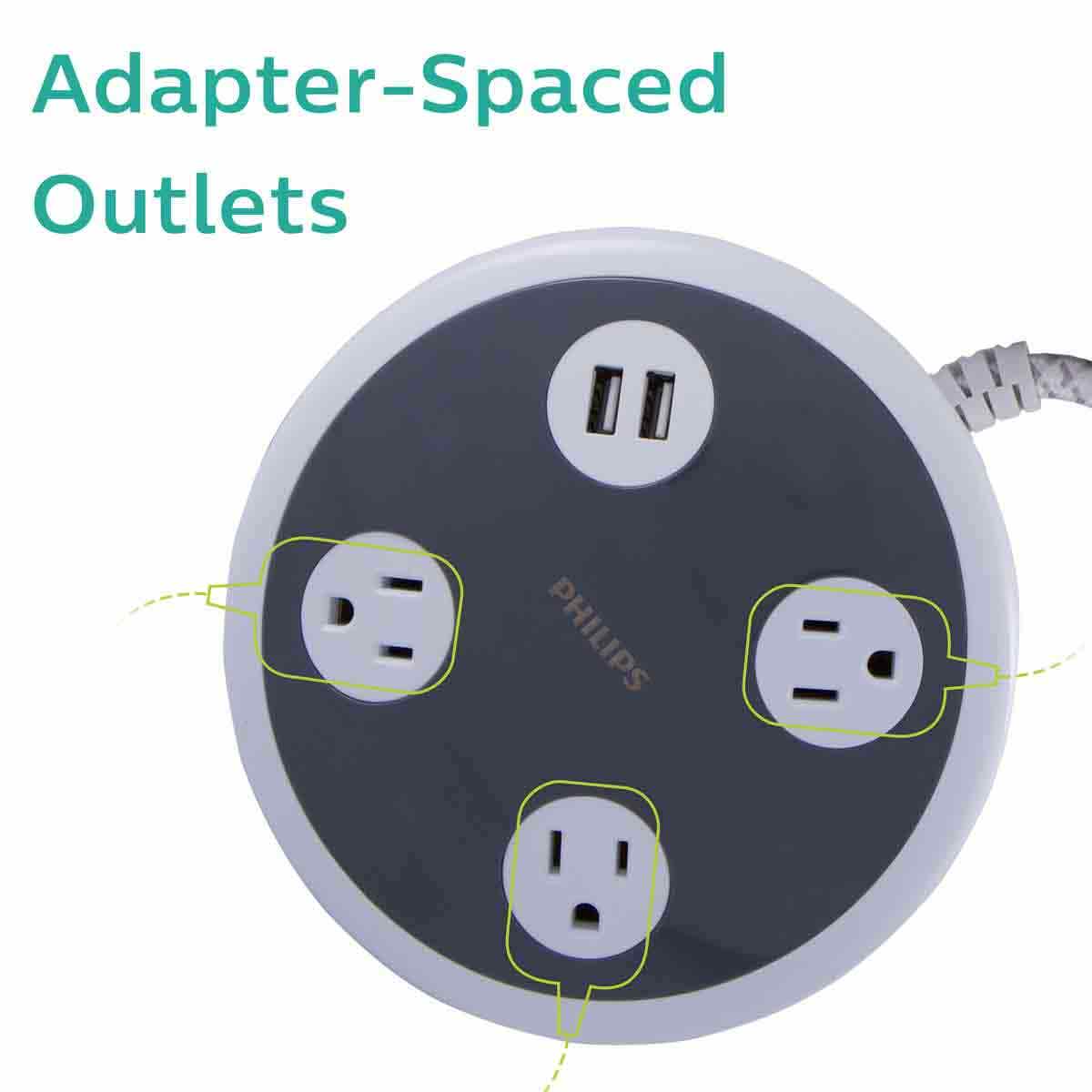 Philips Round 3-Outlet 2-USB 8ft. Braided Extension Cord with Surge Protection, White