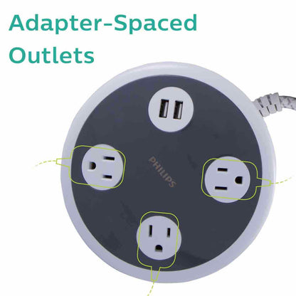 Philips Round 3-Outlet 2-USB 8ft. Braided Extension Cord with Surge Protection, White