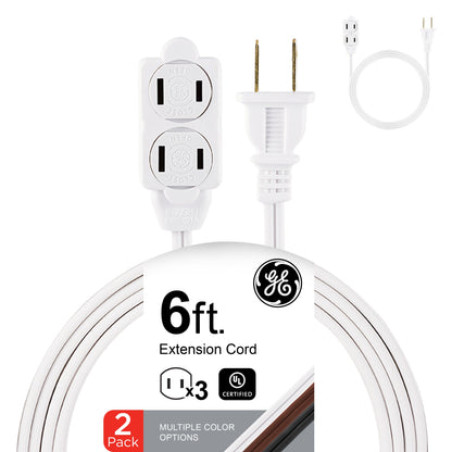GE 3-Outlet 6ft. Extension Cord with Twist-to-Close Outlets, 2 Pack, White
