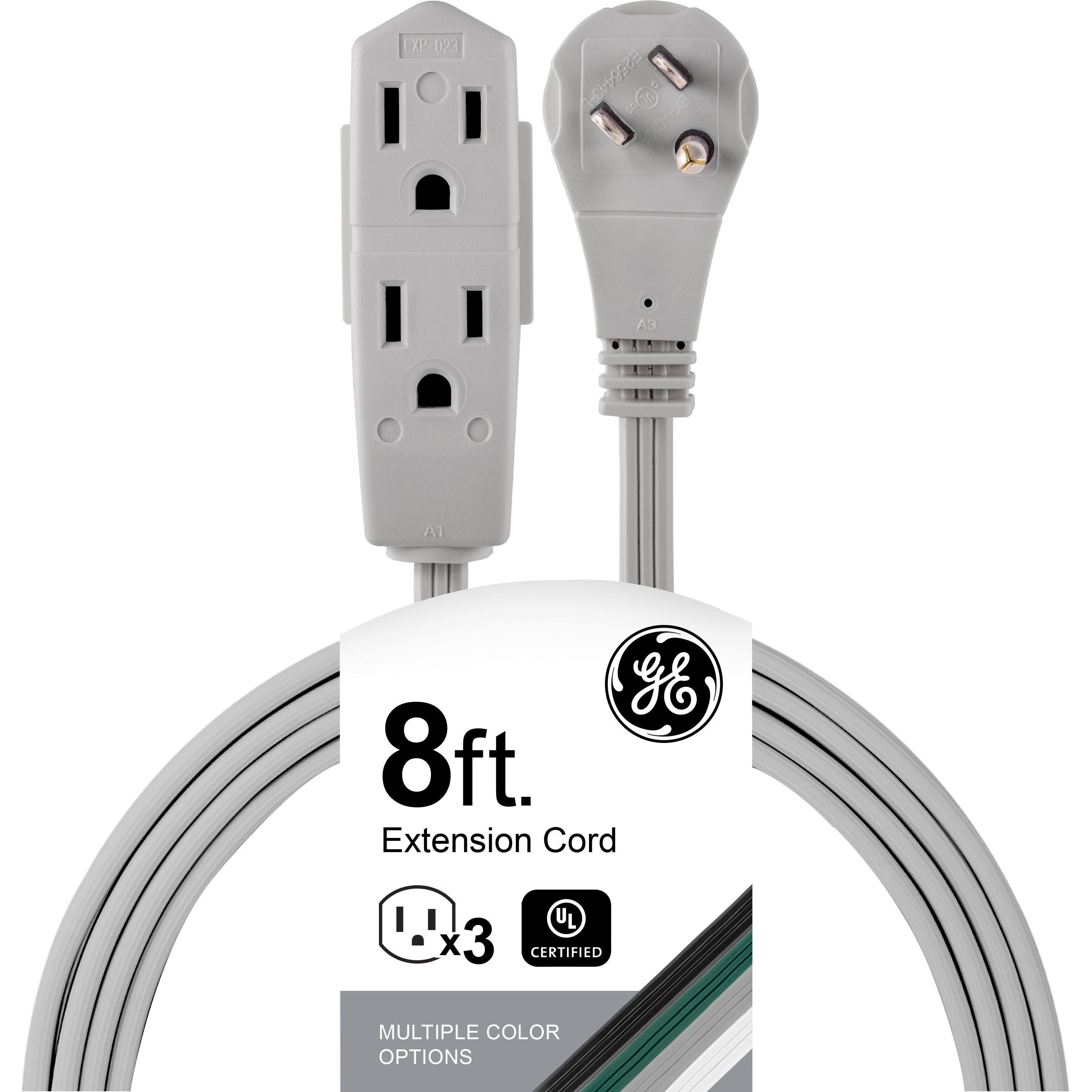 GE 3-Outlet 8ft. Extension Cord with Right-Angle Plug, Gray