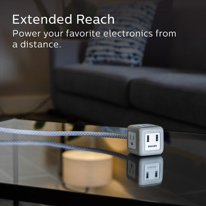 Philips 3-Outlet 2-USB 10ft. Extension Cord with Rubberized Cube, Gray/White