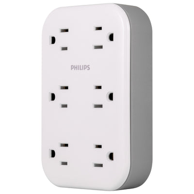 Philips 6-Outlet Wall Tap with Surge Protection and Adapter Spaced Outlets, White