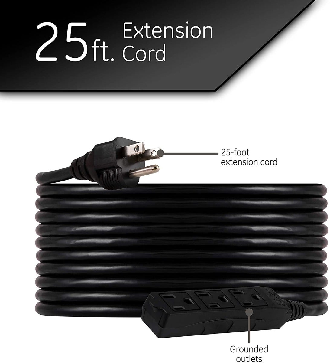 GE 3-Outlet 25ft. Heavy Duty Outdoor Extension Cord, Black