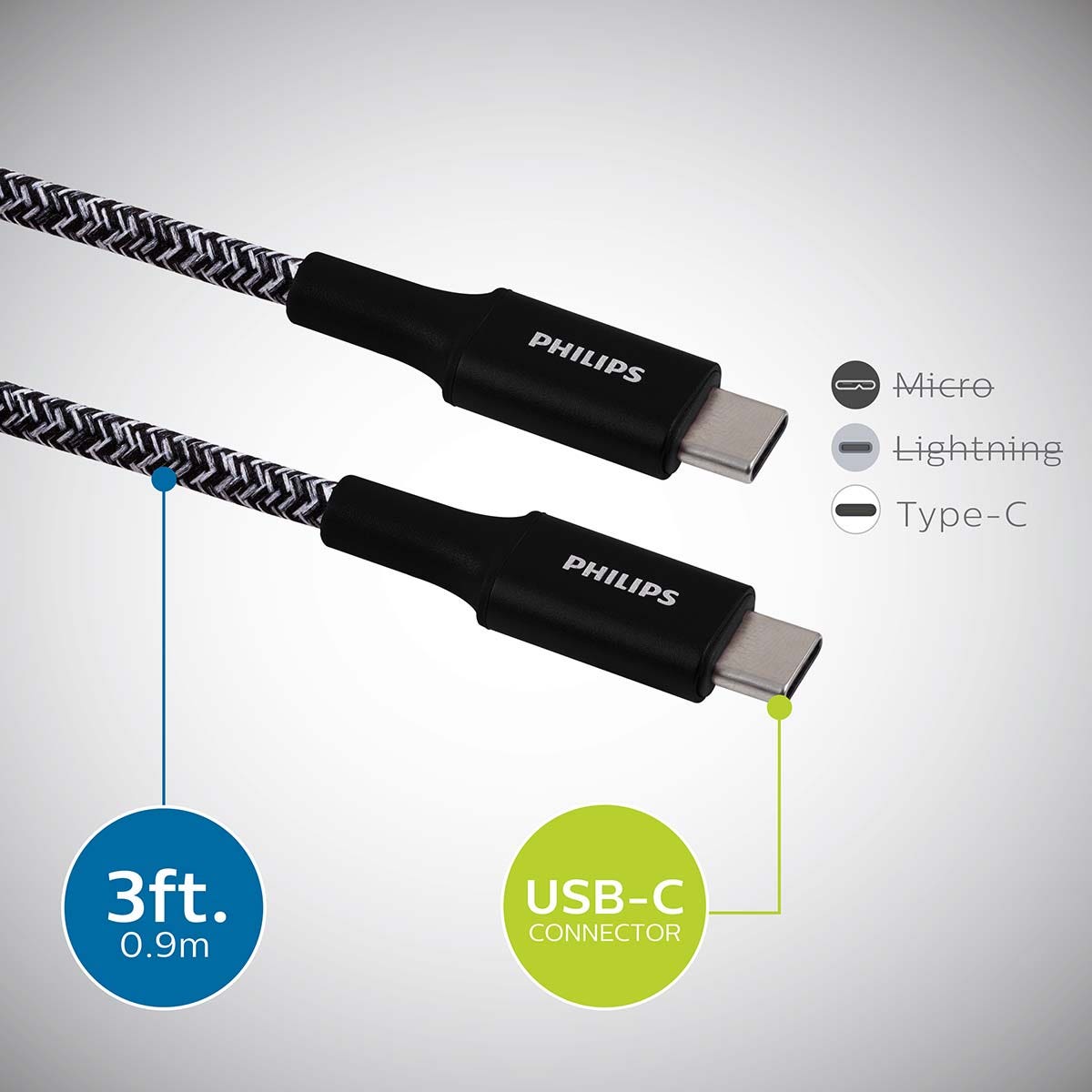 Philips 3ft. USB-C to USB-C Braided Charging Cable, Black
