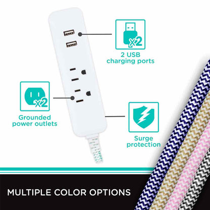 Cordinate 2-Outlet 2-USB Charging Braided Extension Cord with Surge Protection, 10ft., White/Mint
