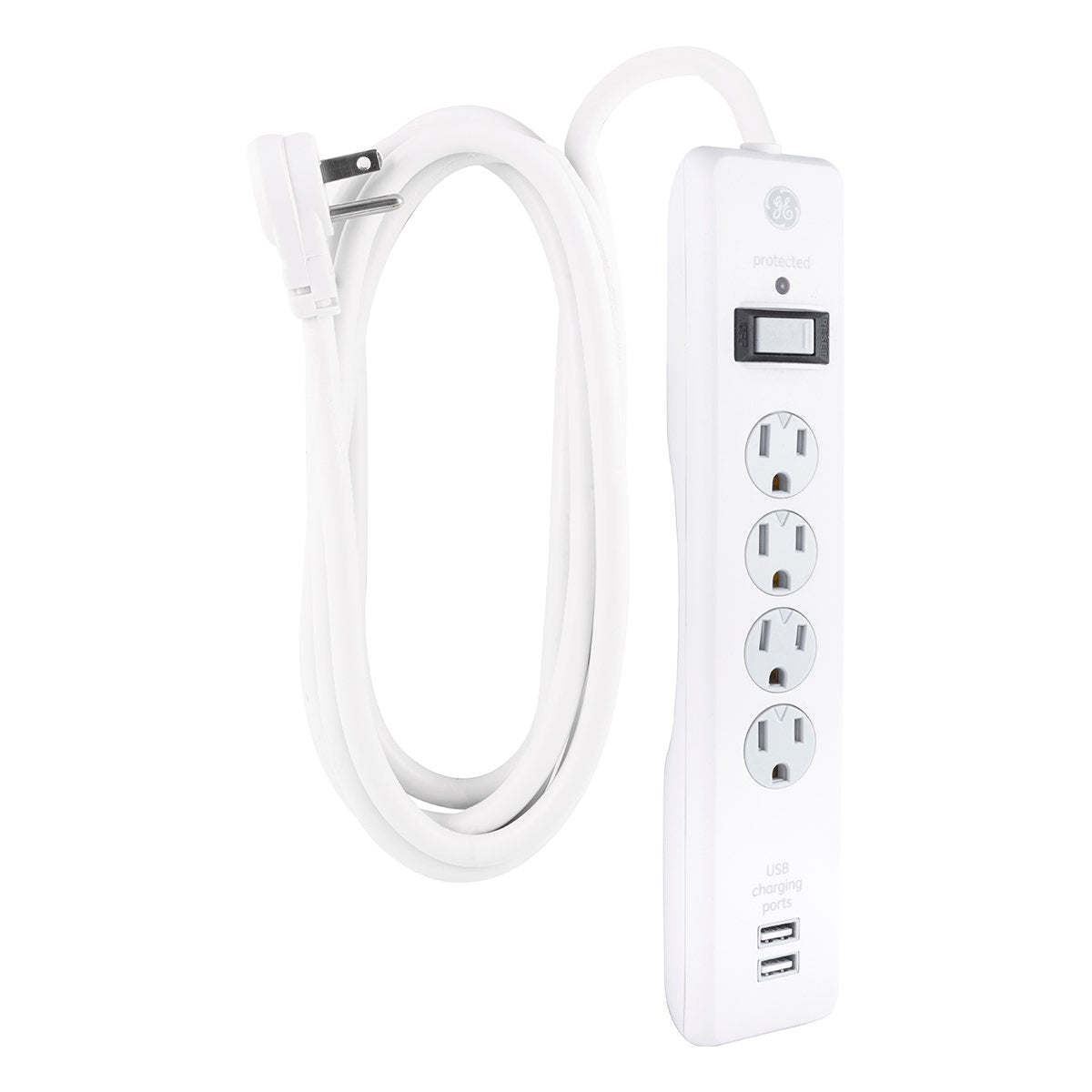 GE 4-Outlet 2-USB 8ft. Surge Protector With Twist-To-Close Safety Covers, White