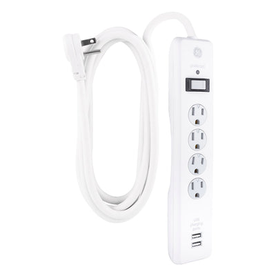 GE 4-Outlet 2-USB 8ft. Surge Protector With Twist-To-Close Safety Covers, White