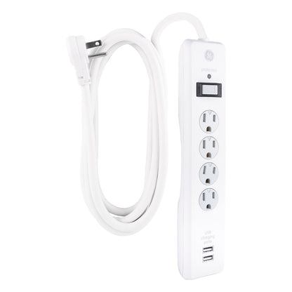 GE 4-Outlet 2-USB 8ft. Surge Protector With Twist-To-Close Safety Covers, White