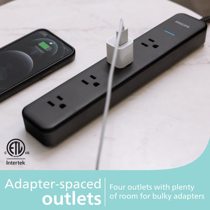 Philips 4-Outlet 4ft. Surge Protector with Adapter-Spaced Outlets, Black