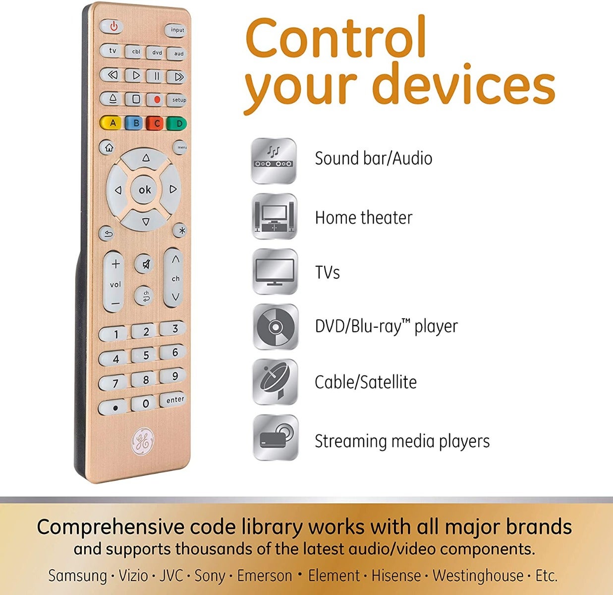 GE 4-Device Backlit Universal Remote, Brushed Gold