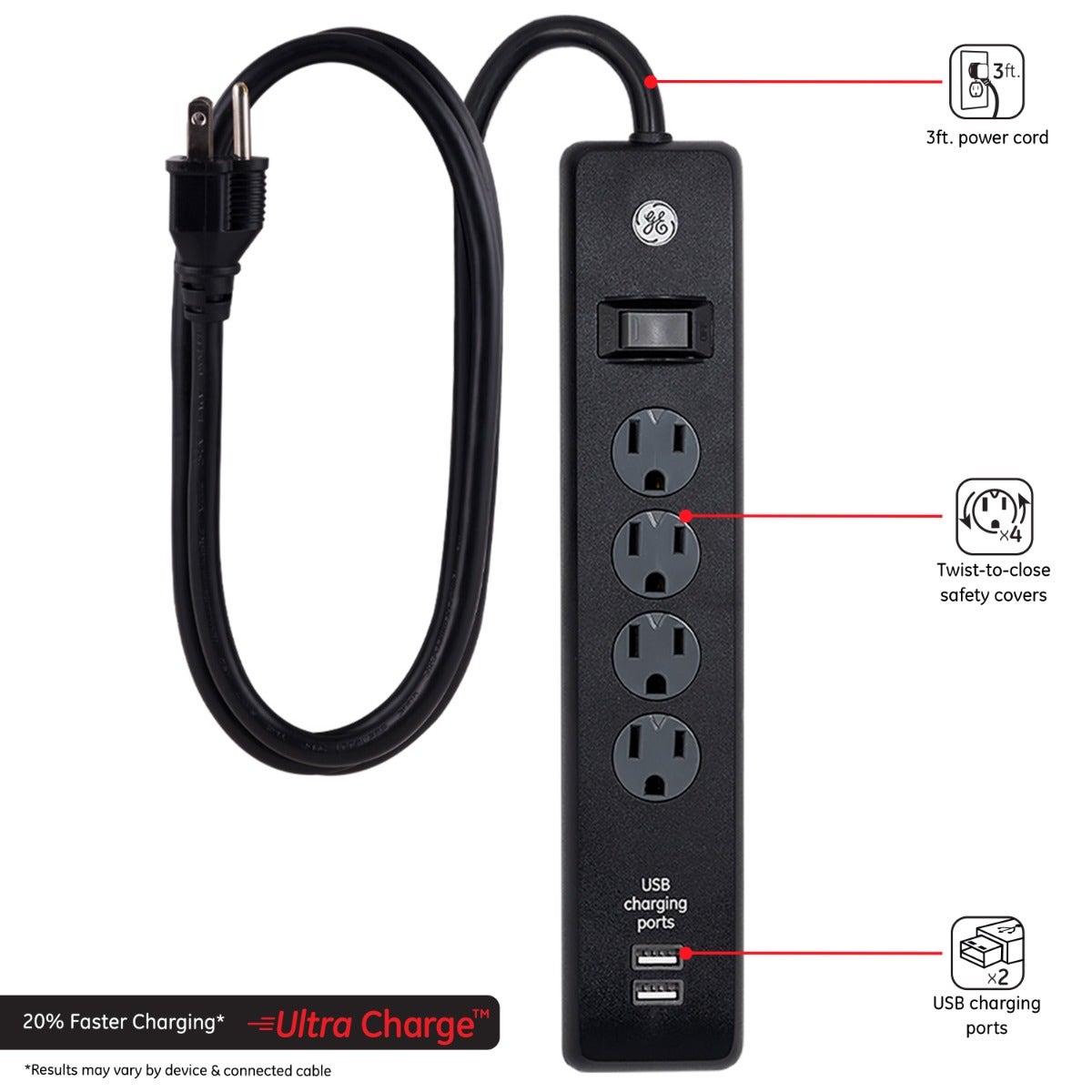 GE 4-Outlet 2-USB 3ft. Surge Protector With Twist-To-Close Safety Covers, Black
