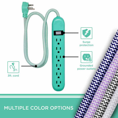 Cordinate 6-Outlet 3ft. Surge Protector with Braided Cord, Mint/White