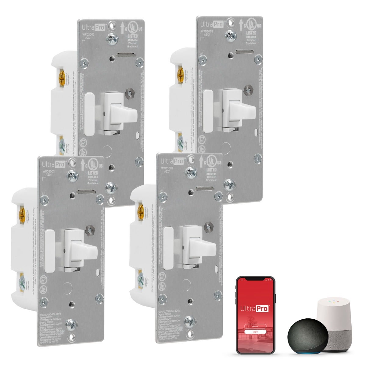 UltraPro WiFi In-Wall Smart Toggle Dimmer With QuickFit™ And SimpleWire™, 4 Pack, White