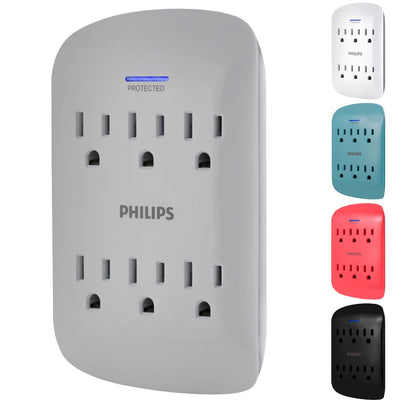 Philips 6-Outlet Wall Tap with Surge Protection, 2 Pack, Gray